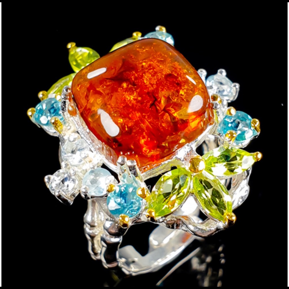 Adorable Genuine Amber Ring with Gemstones